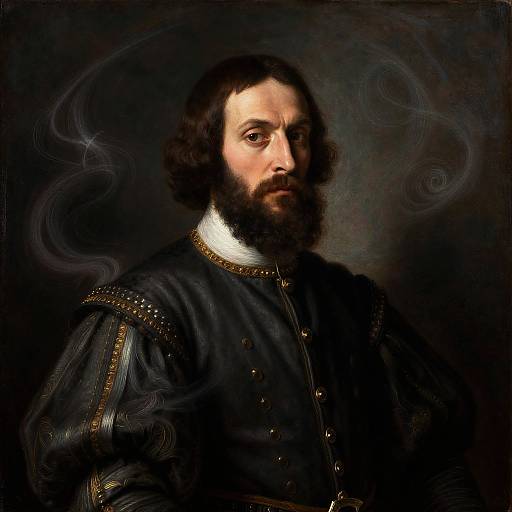 Digital painting of a bearded man with long dark hair, wearing a dark blue military-style uniform with gold trim, against a dark, swirling background.