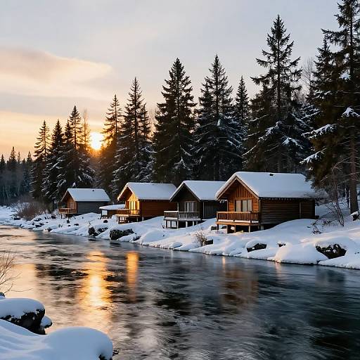 Photograph of snow-covered cabin village at sunset, with reflective river in foreground, tall evergreen trees, golden sun peeking through, warm light in