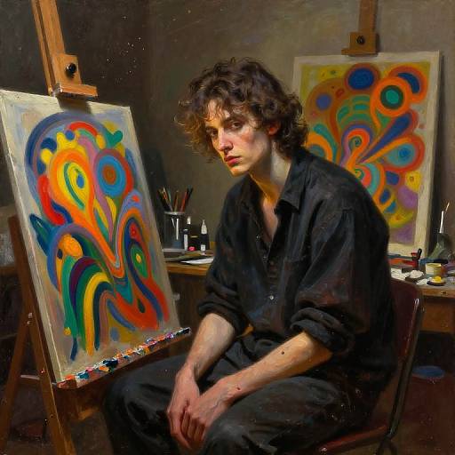 Photograph of a young, curly-haired artist in black clothes, seated before an abstract, colorful painting on an easel in a dimly lit studio