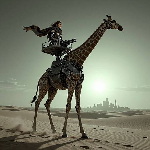 Digital artwork of a dark-haired woman in futuristic armor riding a giraffe across a sunlit desert with a distant castle.