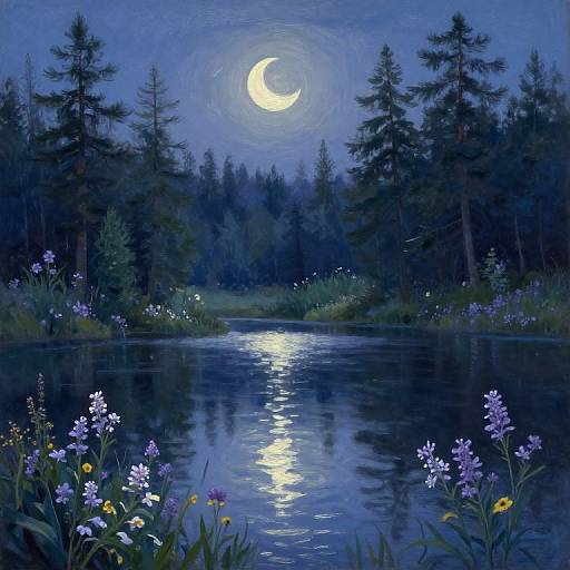 Digital painting of a serene, moonlit forest scene, featuring a reflective river, tall pine trees, and vibrant purple and white flowers under a glowing cres