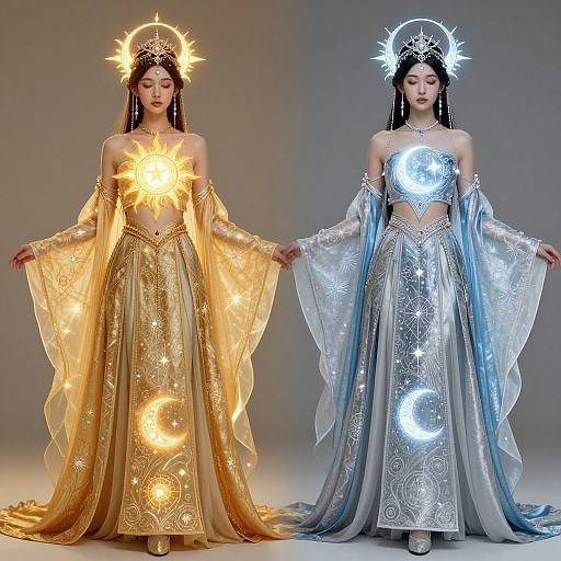 Photograph of two Asian women in celestial-themed, glowing gold and silver dresses with star and moon headpieces, standing side by side against a neutral background