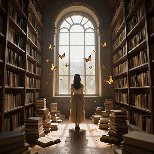 Photograph of a woman in a yellow dress, standing in a sunlit library with arched window, surrounded by books and floating butterflies.