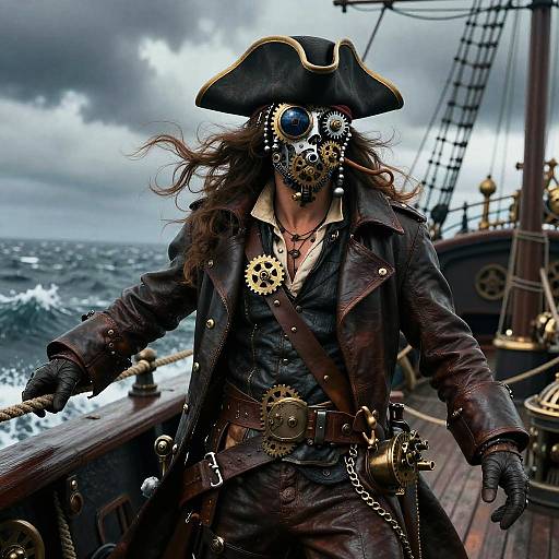 Photorealistic digital art of a pirate in a dark tricorn hat, black mask with gears, and leather coat, standing on a stormy sea
