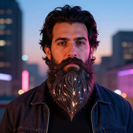 Photograph of a bearded man with a long, reflective beard, dark hair, wearing a black jacket, against a cityscape at dusk with colorful