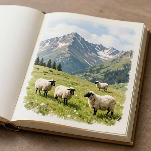 Photograph of an open book showing a vivid illustration of four sheep grazing on a green hillside with a mountain range and blue sky in the background.