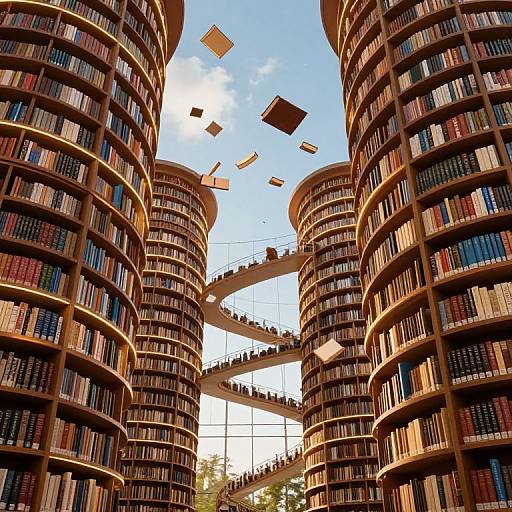 Photograph of towering, spiral bookshelves filled with colorful books, with floating books in the bright blue sky above. Sunlight streams through a glass