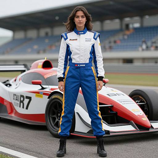 Photograph of a young woman with long brown hair, wearing a white and blue racing suit, standing in front of a red and white Formula 1