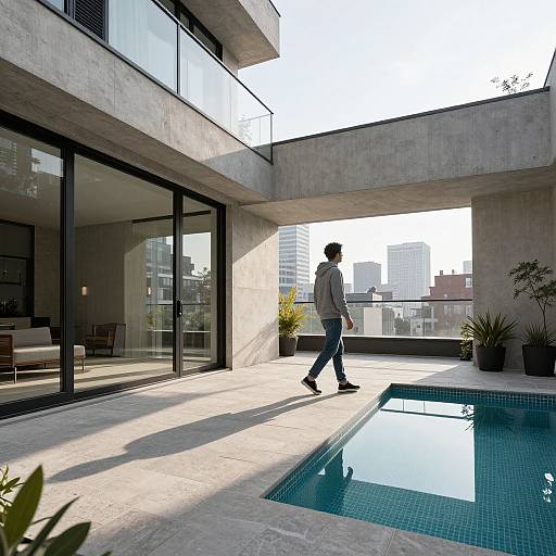 Photograph of a man in a gray shirt and blue jeans walking by a modern rooftop pool with city skyline view.