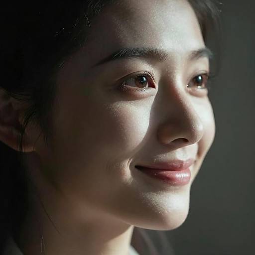 Close-up photograph of an Asian woman with fair skin, dark hair, and soft smile, illuminated by dramatic lighting, casting shadows on her face.
