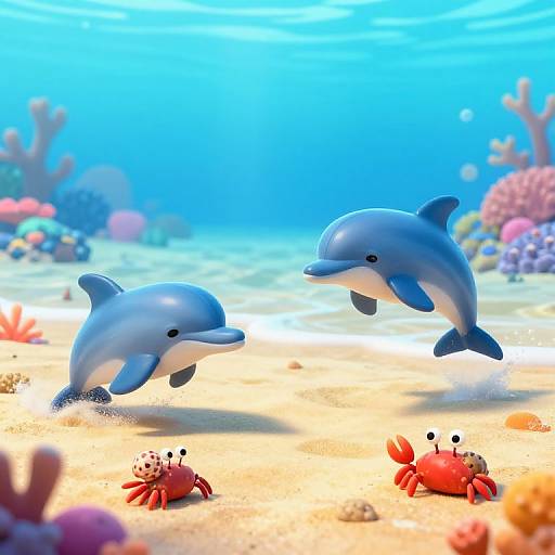 Digital illustration of two blue dolphins swimming above a sandy ocean floor with colorful coral and two red crabs below.