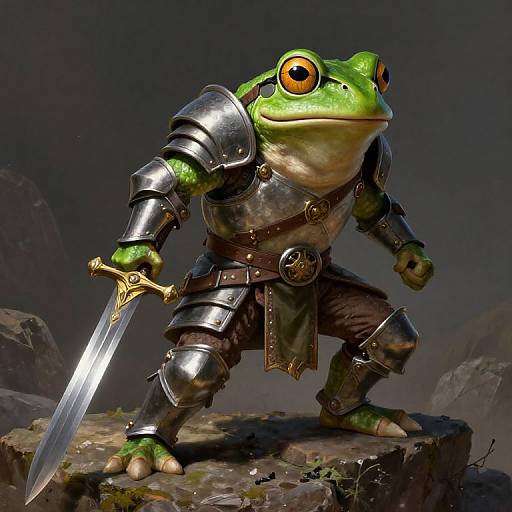 CGI image of a green frog in shiny medieval armor, wielding a sword, standing on a rocky ledge with mountains in the background. Frog has large