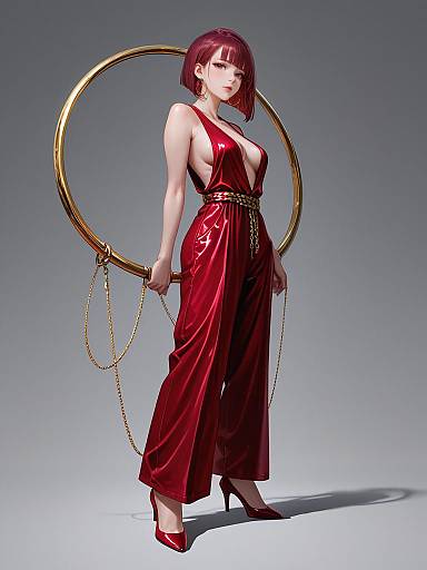 Woman in Deep Red Satin Jumpsuit with Gold Chain Belt