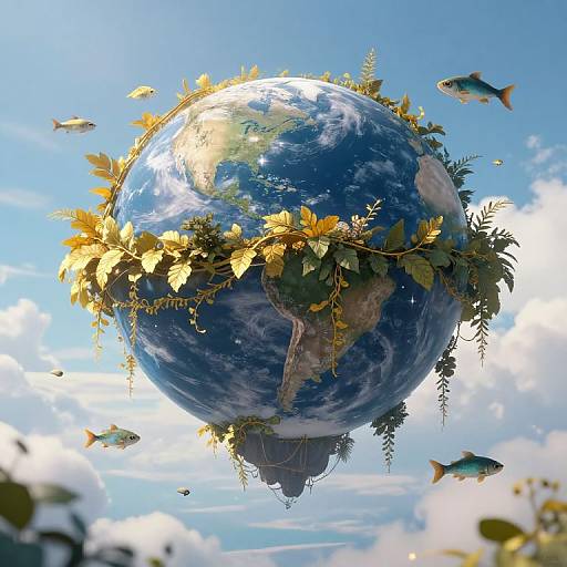 Photorealistic CGI of Earth floating in sky, surrounded by vibrant yellow leaves, green plants, and colorful fish, with a clear blue sky background.