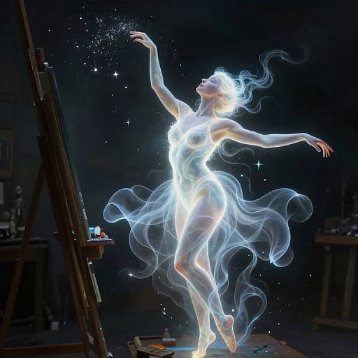 Digital art of a glowing, ethereal, nude woman with flowing white smoke, dancing against a dark background, illuminated by star-like sparkles.