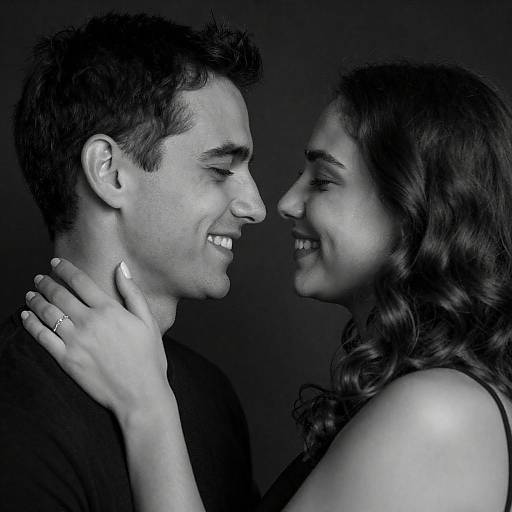 Black and White Portrait of Smiling Couple Embracing