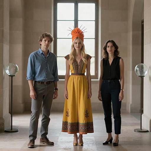 Three Diverse Figures in Stone Hallway