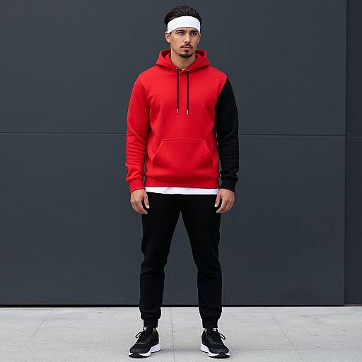 Photograph of a young man with dark skin, black hair, wearing a white headband, red and black hoodie, black pants, and black sneakers