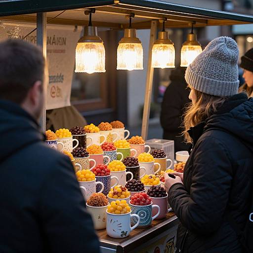 Photograph of a vibrant fruit stand at night, lit by warm hanging lights, with two people in winter coats and hats browsing colorful cups of berries and
