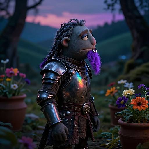 CGI image of a gray-furred, purple-maned character in shiny medieval armor with a glowing chest emblem, standing in a colorful, twilight garden