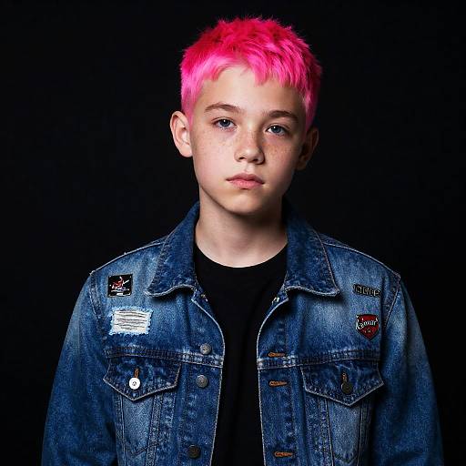 Neon-Pink Undercut Teen in Patched Denim