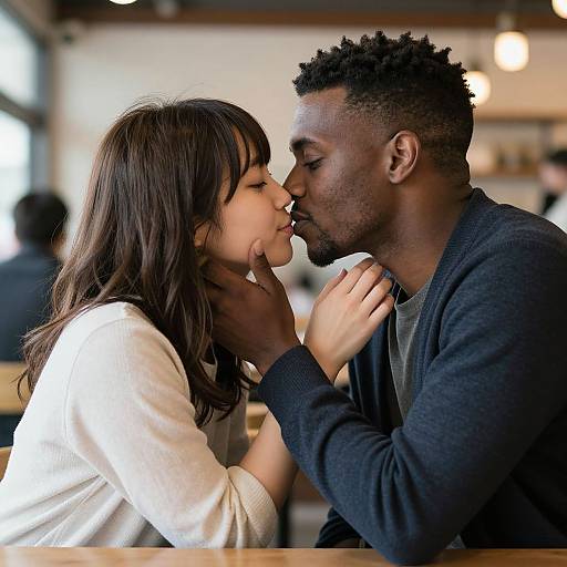 Photograph of a black man and white woman sharing a tender kiss in a softly lit café, both wearing casual clothing.