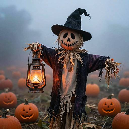 Photograph of a spooky scarecrow in a black hat, holding a lantern, standing in a foggy pumpkin patch at dusk.