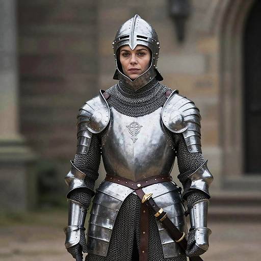 Photorealistic CGI of a serious young woman in medieval silver armor, chainmail, and helmet, standing in a stone courtyard.