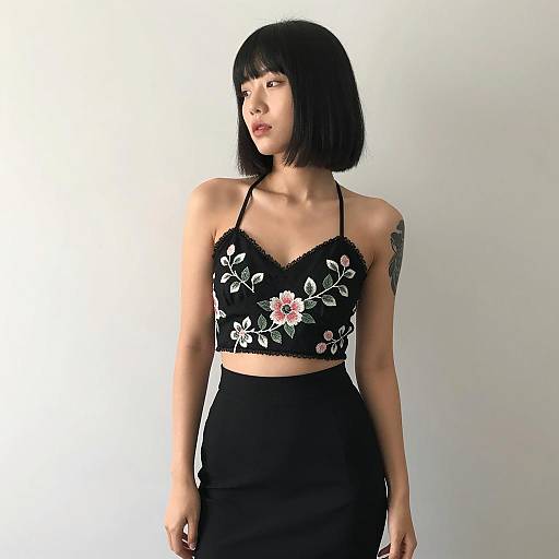 Asian Woman in Black Floral Halter Top and Skirt