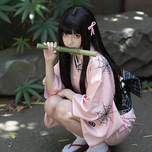 Asian Woman in Pink Spiderweb Kimono Holding Bamboo Stick