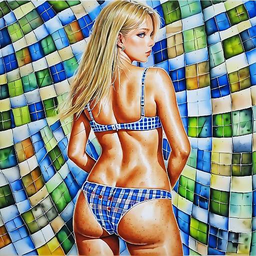 Blonde Woman in Blue Plaid Bikini