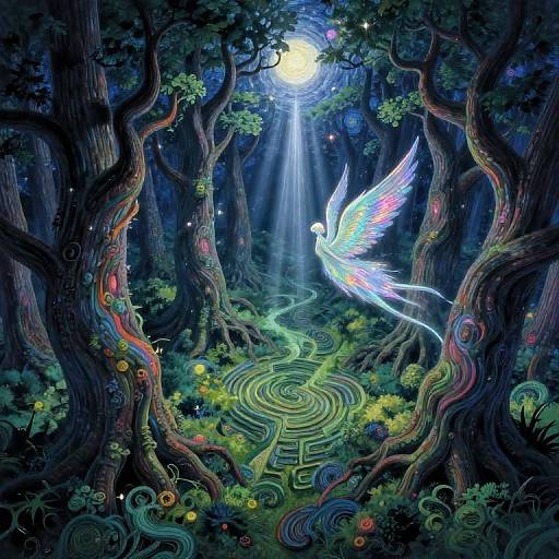 Vibrant digital illustration of a glowing white dove with rainbow wings flying over a mystical, moonlit forest with swirling paths and colorful, twisted trees.