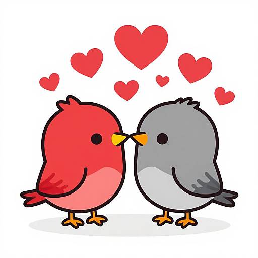 Cute digital illustration of a red bird and a gray bird with yellow beaks, standing side-by-side, surrounded by red hearts.