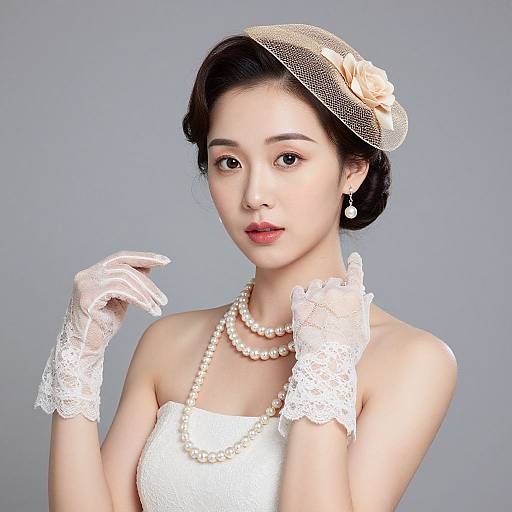 Photograph of an East Asian woman with fair skin, wearing a white lace headpiece, pearl necklace, strapless white lace dress, and white lace