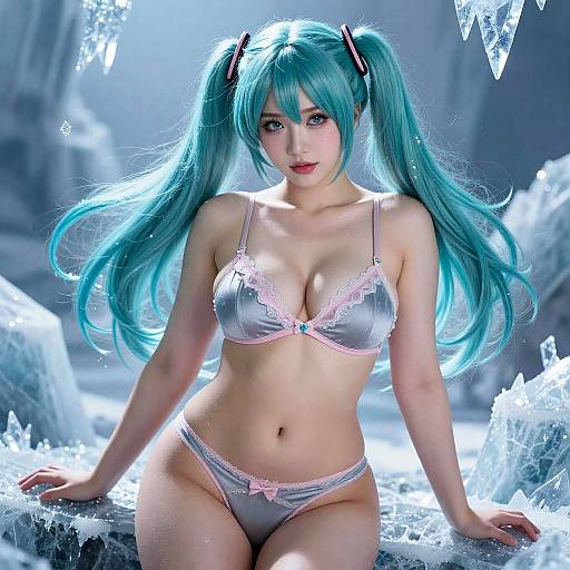 Digital artwork of a blue-haired anime woman in silver lingerie with pink lace, sitting amidst icy crystals, glowing light background.