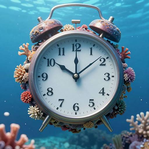 Photograph of an underwater vintage alarm clock surrounded by colorful corals, displaying 10:09, with blue ocean background and sunlight.