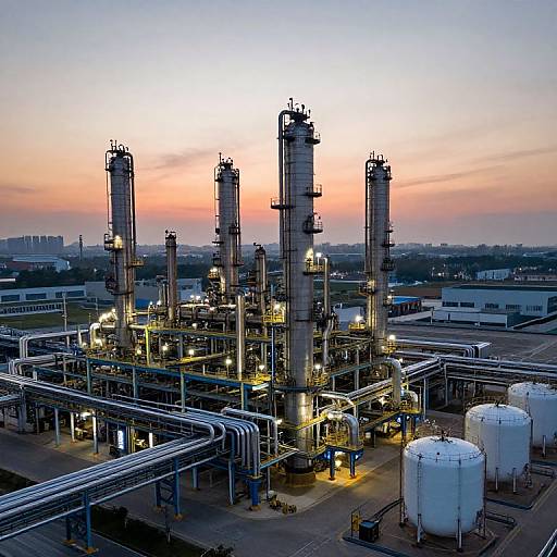 Photograph of an industrial refinery at sunset, featuring tall chimneys, illuminated pipes, and white storage tanks, with a colorful sky in the background.