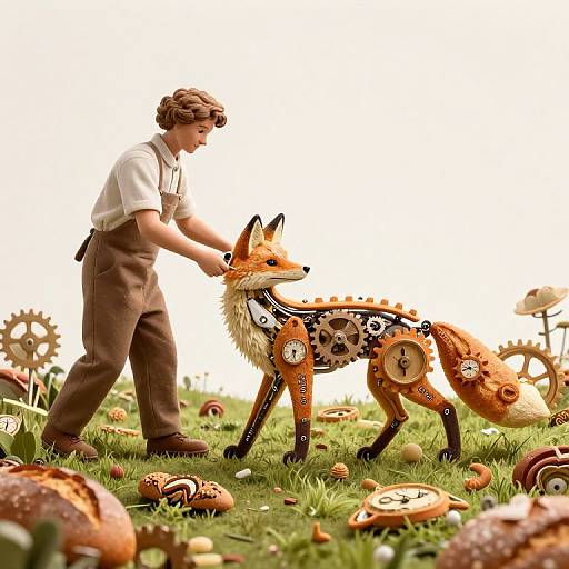 Photorealistic digital art: Curly-haired boy in brown overalls leads a clockwork fox adorned with gears and buttons, surrounded by mushrooms and clock