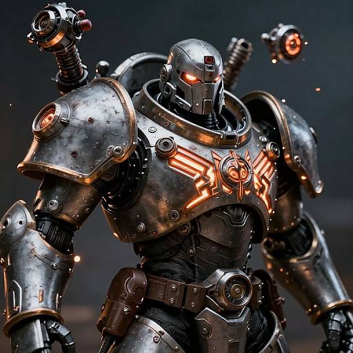 Photorealistic CGI of a towering, metallic robot with glowing orange accents, intricate armor, and cylindrical cannons, set against a dark, futuristic background.