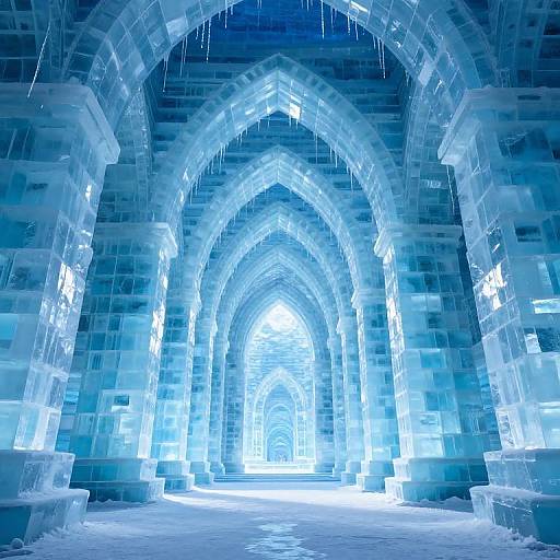 Photograph of an illuminated, blue-tinted ice archway tunnel with multiple arches, dripping icicles, and a snowy floor, creating a