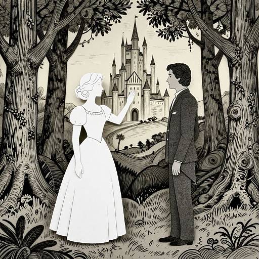 Black-and-white illustration: Bride and groom in elegant attire stand before a fairytale castle, framed by dense, detailed trees.