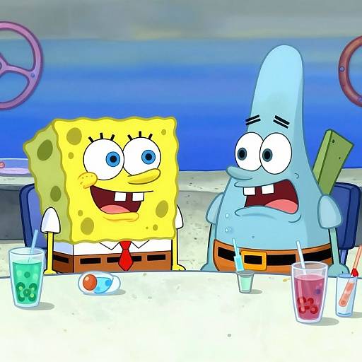 Digital cartoon of SpongeBob and Squidward at a table with drinks, both looking surprised. SpongeBob grins, Squidward appears nervous.