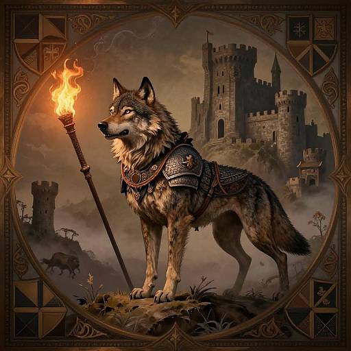 Digital artwork of a fierce, armored wolf with a flaming torch, standing before a medieval castle, framed by ornate, dark border.
