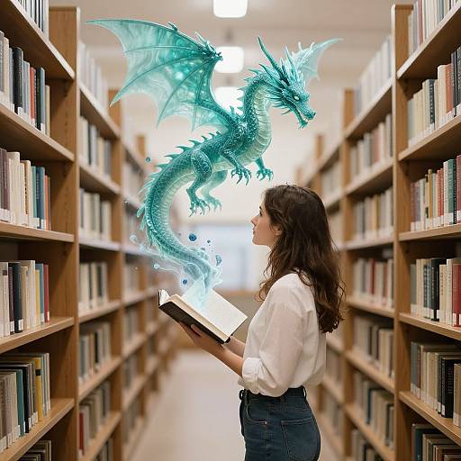 Photograph of a woman with long brown hair, white shirt, and blue jeans, reading a book in a library as a glowing teal dragon emerges from