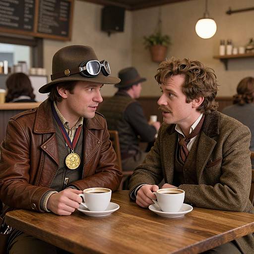 Photograph of two men in steampunk and Victorian attire, sitting at a wooden café table with white coffee cups, engaging in conversation. Warm lighting