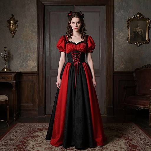 Photograph of a pale-skinned woman with dark hair in a red and black Victorian-style ball gown, standing in a dimly lit, vintage room