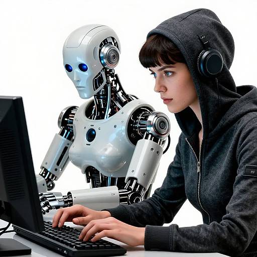 Photograph of a young woman in a black hoodie and headphones, typing on a laptop, with a white robotic figure beside her, both focused on the