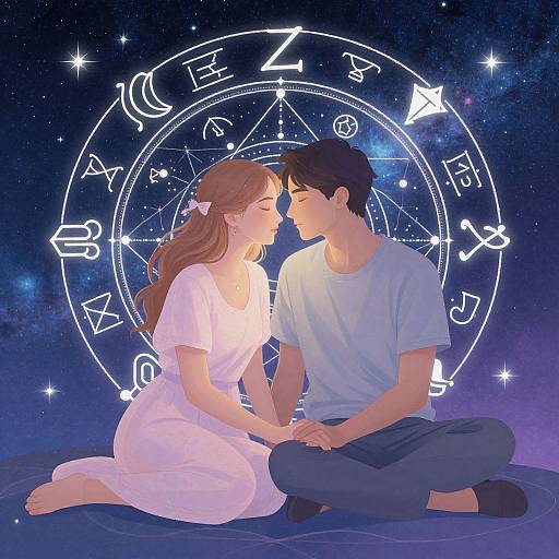 Digital illustration of a couple seated cross-legged, gazing into each other's eyes against a starry, zodiac-themed background. Both wear white and