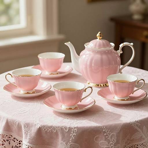 Photograph of a sunlit table with four pink and gold teacups, saucers, and a matching teapot on a pink lace table