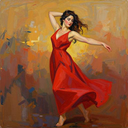 Painting of a dark-haired woman in a flowing red dress, standing gracefully with one arm raised, against a vibrant, abstract yellow and orange background.